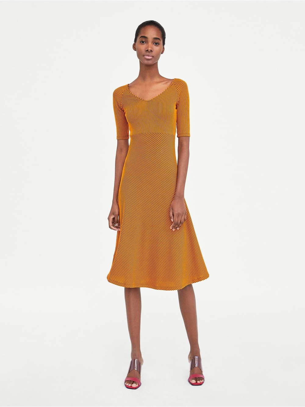 NWT Zara Women’s Yellow Mustard and Black RibbedJacquard Striped Dress